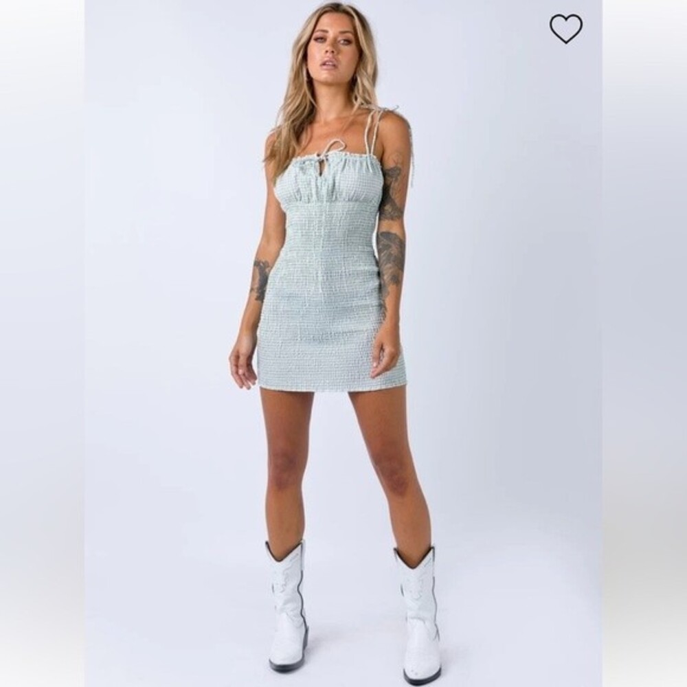 O.Vianca Gingham Green Mini Ruched Tie Spaghetti Strap Dress Size Medium NEW